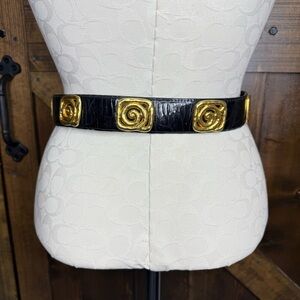 Vintage Avignon Gold Tone Swirl Black Leather Belt Women’s S